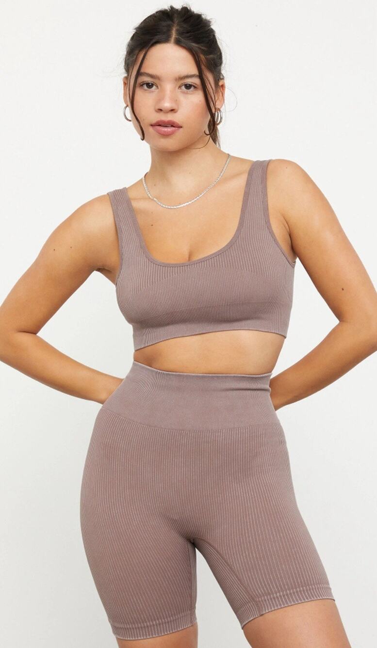 PACSUN PAC 1980 Active SET Women’s M / Ribbed Sports Bra & Biker Shorts 6” Brown